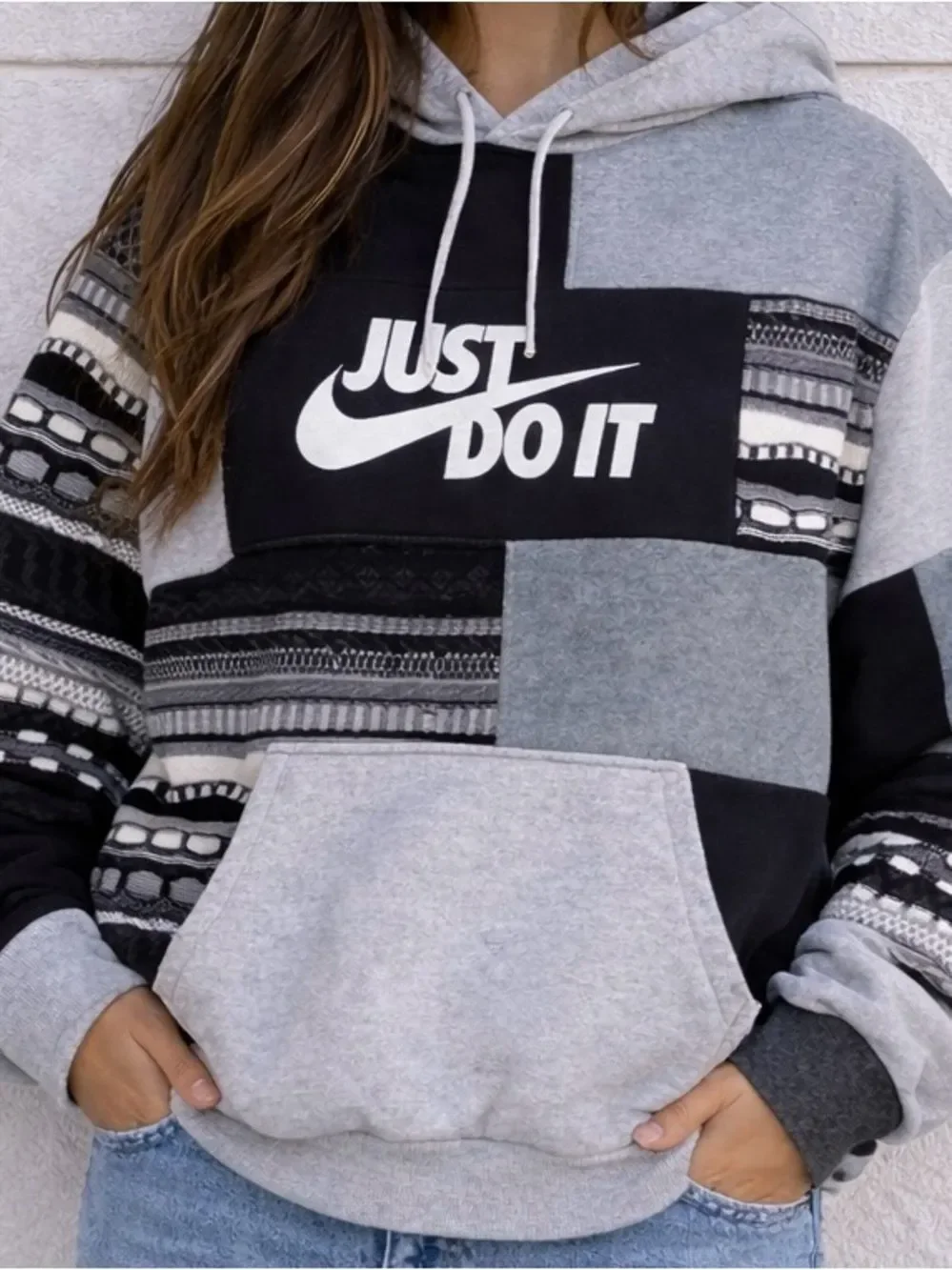 Nike Upcycled Gray Knit Relaxed Fit Black & White Patchwork 'Just Do It' Hoodie